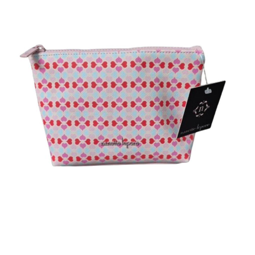 NWT Nanette Lepore Make Up Cosmetic Bag Pink and Red Heart Pattern
